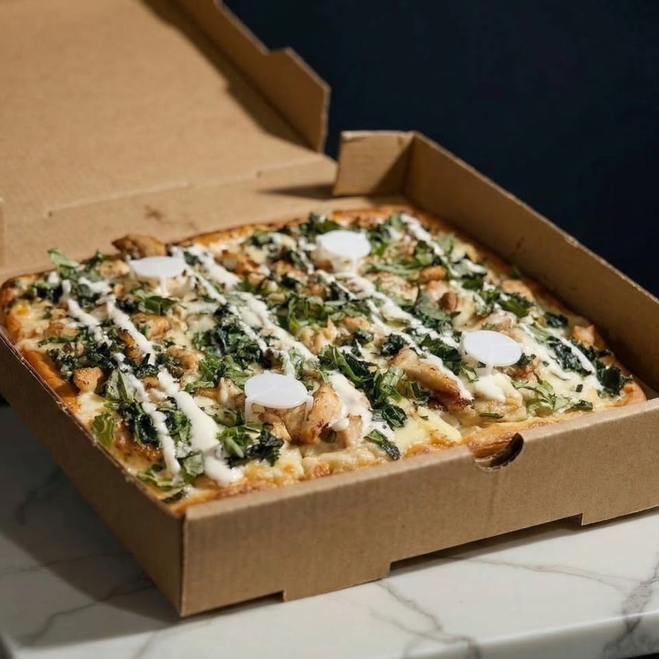 A rectangular Ciro's Flying Pizza with chicken, greens, and white sauce in a cardboard box.