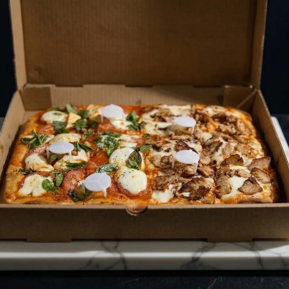 A rectangular Ciro's Flying Pizza with two different toppings in a cardboard box.